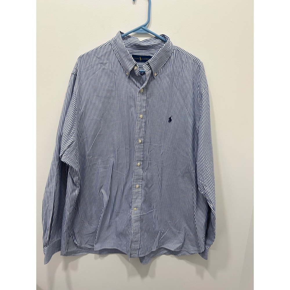 Ralph Lauren Button Down Shirt Mens 18 Blue Striped Long Sleeve Pony Oxford